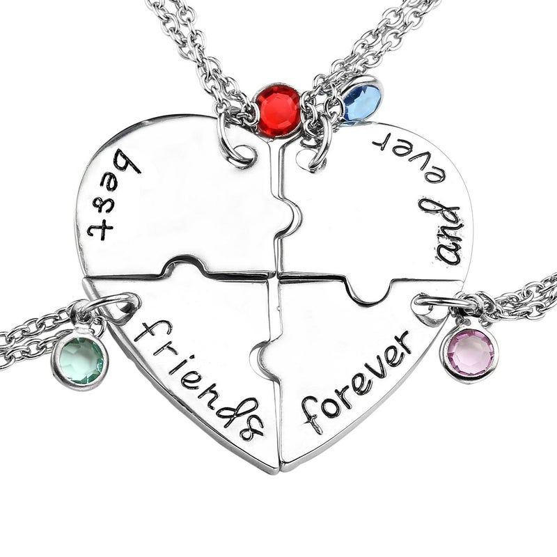 Top Plaza Silver Tone Alloy Rhinestone Best Friends Forever and Ever BFF Necklace Engraved Puzzle Friendship Pendant Necklaces Set(Set of 4) - Image 1